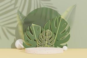 3d render of abstract pedestal podium display with terrazzo and shadow of leaves. Scene for present product promotion and beauty cosmetics. photo