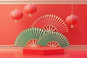 3d rendering of minimal scene of blank podium with Chinese lunar new year theme. Display stand for product presentation mock up. Chinese traditional texture. photo