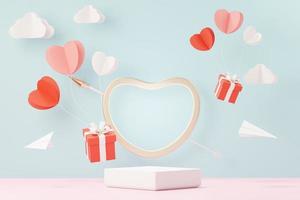 Representación 3D de escena dulce mínima con podio de visualización para maquetas y presentación de marca de producto. soporte de pedestal rosa para el tema del día de san valentín. lindo fondo de corazón encantador. estilo de diseño del día del amor. foto