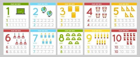 Set of number tracing flashcards with kawaii school supplies. Learning numbers for kids. vector