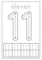Tracing number eleven. Preschool worksheet. Black and white. vector