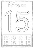 Tracing number fifteen. Preschool worksheet. Black and white. vector