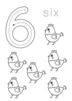 Flashcard number 6. Preschool worksheet. Black and white farm animals. vector