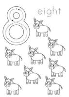 Flashcard number 8. Preschool worksheet. Black and white farm animals. vector