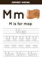 aprender el alfabeto inglés para niños. tema pirata. letra m mapa dibujado a mano. vector