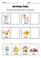 Find rhyming pairs. Educational worksheet. Cut and paste. vector