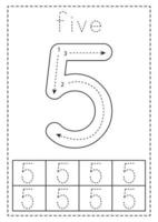 Tracing number five. Preschool worksheet. Black and white. vector