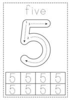 Tracing number five. Preschool worksheet. Black and white. vector