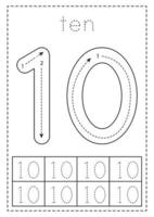 Tracing number ten. Preschool worksheet. Black and white. vector
