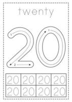 Tracing number twenty. Preschool worksheet. Black and white. vector