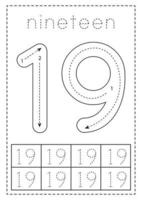 Tracing number nineteen. Preschool worksheet. Black and white. vector