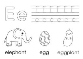 aprender el alfabeto inglés para niños. letra e. libro de colorear. vector