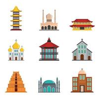 Temple tower castle icons set flat style vector