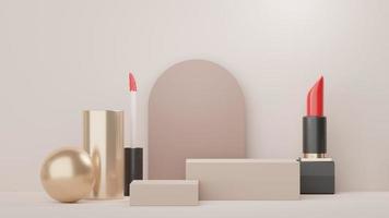 3d Display Podium for product and cosmetic presentation with lipstick and modern geometric. Platform for mock up and showing brand. Minimal clean design. Rendering platform luxury scene. photo