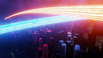 3d render of Cyber punk night city landscape concept. Light glowing on dark scene. Night life. Technology network for 5g. Beyond generation and futuristic of Sci-Fi Capital city and building scene. photo