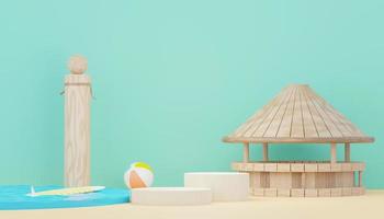 3d render minimal podium background for show and sales products. Hello Summer season scene design concept. Abstract Vacant pedestal for presentation and advertising. Beach Vacations in Summer. photo