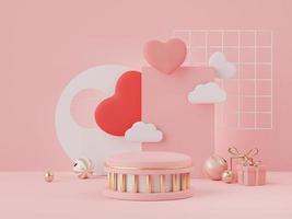 3d rendering of minimal scene of blank podium with Valentine's Day theme. Display stand for product presentation mock up. Cylinder stage in sweet lovely pink color with simple design. photo