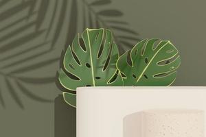 3d render of abstract pedestal podium display with terrazzo and Monstera leaves. Product and promotion concept for advertising. Green natural background. photo