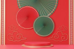 3d rendering of minimal scene of blank podium with Chinese lunar new year theme. Display stand for product presentation mock up. Chinese traditional texture. photo