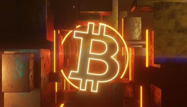 3d render of cryptocurrency Bitcoin with technology network neon laser light. Cryptocurrency digital currency concept. New virtual money exchange in blockchain. photo