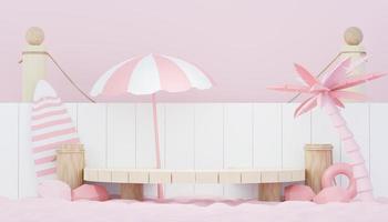3d render minimal podium background for show and sales products. Hello Summer season scene design concept. Abstract Vacant pedestal for presentation and advertising. Beach Vacations in Summer. photo