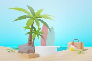 3d render Summer sale podium stand for showing product. Beach Vacations Scene in Summer for mock up. photo