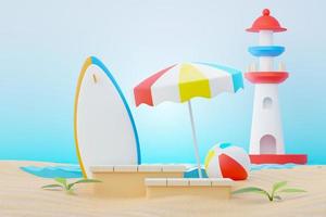 3d render soporte de podio de venta de verano para mostrar el producto. escena de vacaciones en la playa en verano para maquetas. foto