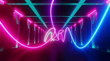 3d render of flash neon and light glowing on dark scene. Speed light moving lines. photo