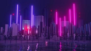 3d render of Cyber night city landscape concept. Light glowing on dark scene. Night life. Technology network for 5g. Beyond generation and futuristic of Sci-Fi Capital city and building scene. photo