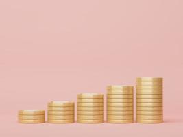 3d renderizado de monedas de oro apiladas para ahorrar dinero por concepto de objetivo. escena pastel mínima. modelo financiero de crecimiento para maquetas y banner web. foto