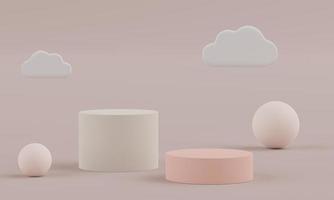 3d rendering of minimal scene of podium with clouds in theme of earth tones color. Display stand for product presentation mock up and cosmetic advertising. Cylinder stage in ornament simple design. photo