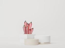 3d render of minimal display podium design for mock up and product presentation with crystal. Pedestal stage with pastel color scene. Trendy design for mock up and web banner. photo