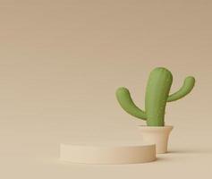 Representación 3d del podio de visualización mínimo abstracto para mostrar productos, presentación cosmética y maqueta con árboles de cactus. escena de escaparate con tonos tierra pastel y fondo de ambiente tropical. foto