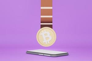 Render 3d de bitcoin que se conecta a otra red con smartphone. concepto de conexión del sistema blockchain. foto