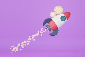 Render 3d de cohete que sostiene bitcoin a la luna sobre fondo púrpura. foto