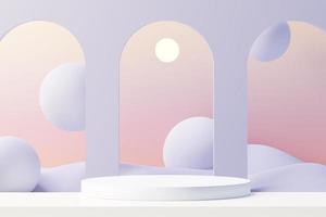 3d render of Beauty podium with Very Peri color of the year 2022 design for product presentation and advertising. Minimal pastel sky and Dreamy land scene. Romance concept. photo