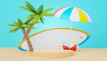 3d render Summer sale podium stand for showing product. Beach Vacations Scene in Summer for mock up. photo