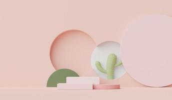 Representación 3d del podio de visualización mínimo abstracto para mostrar productos, presentación cosmética y maqueta con árboles de cactus. escena de escaparate con tonos tierra pastel y fondo de ambiente tropical. foto