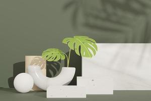 3d render of abstract pedestal podium display with Tropical Monstera leaves. Product and promotion concept for advertising. Green natural background. photo