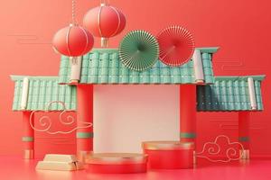 3d rendering of minimal scene of blank podium with Chinese lunar new year theme. Display stand for product presentation mock up. Chinese traditional texture. photo