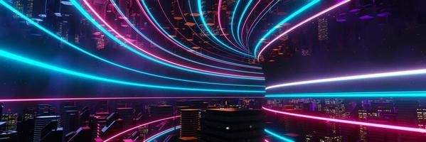 3d render of Cyber punk night city landscape concept. Light glowing on dark scene. Night life. Technology network for 5g. Beyond generation and futuristic of Sci-Fi Capital city and building scene. photo