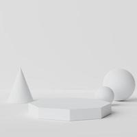 Representación 3d de la pantalla de podio en blanco de mármol blanco. pedestal minimalista o escena de exhibición para el producto actual y maqueta. fondo abstracto para publicidad cosmética. foto