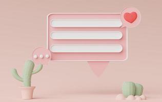 3d render of minimal talking bar banner or icon bubble comment with blank copy space in pastel earth tone background. Scene for mock up and presentation decorate with cute cactus photo