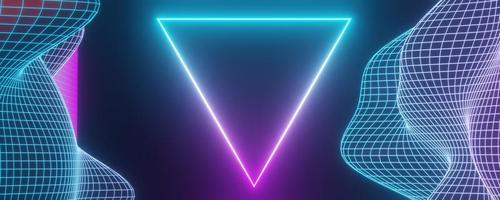 3d render of futuristic retro landscape neon light on darkness background. Abstract Laser cyber lines show at night. Ultraviolet spectrum beam scene for mock up and web banner. photo