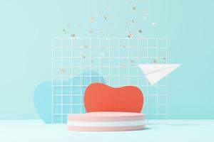 3d render minimal sweet scene with display podium for mock up and product brand presentation. Pink Pedestal stand for Valentine's Day's theme. Cute lovely heart background. Love day's design style. photo