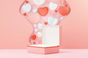 3d render minimal sweet scene with display podium for mock up and product brand presentation. Pink Pedestal stand for Valentine's Day's theme. Cute lovely heart background. Love day's design style. photo