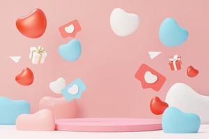 3d render minimal sweet scene with display podium for mock up and product brand presentation. Pink Pedestal stand for Valentine's Day's theme. Cute lovely heart background. Love day's design style. photo