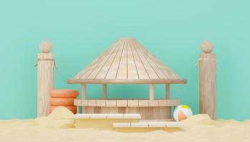 3d render minimal podium background for show and sales products. Hello Summer season scene design concept. Abstract Vacant pedestal for presentation and advertising. Beach Vacations in Summer. photo