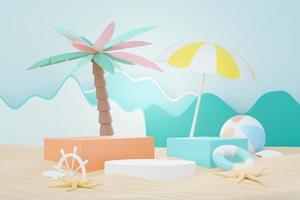 3d render soporte de podio de venta de verano para mostrar el producto. escena de vacaciones en la playa en verano para maquetas. foto