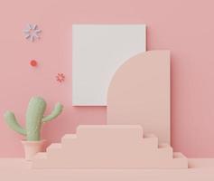 Representación 3d del podio de visualización mínimo abstracto para mostrar productos, presentación cosmética y maqueta con árboles de cactus. escena de escaparate con tonos tierra pastel y fondo de ambiente tropical. foto